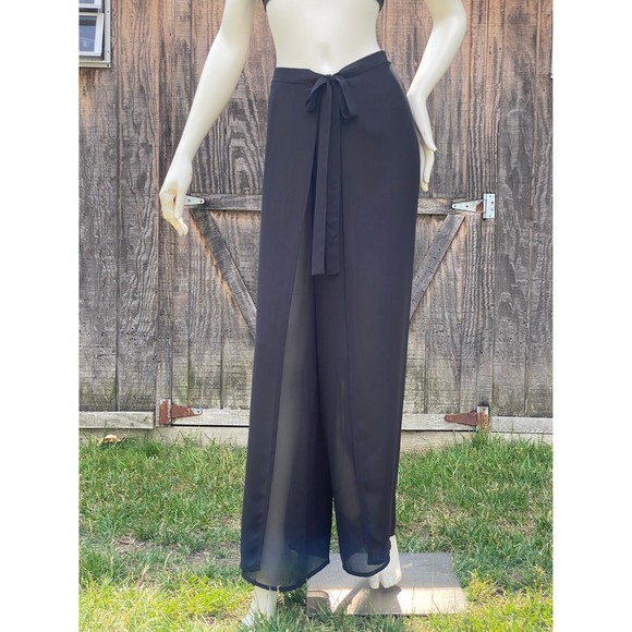 Black Wrap Pants, Summer Beach Pants, Wide Leg Pants, Loose Fit Side Slit Pants - Picture 5 of 6